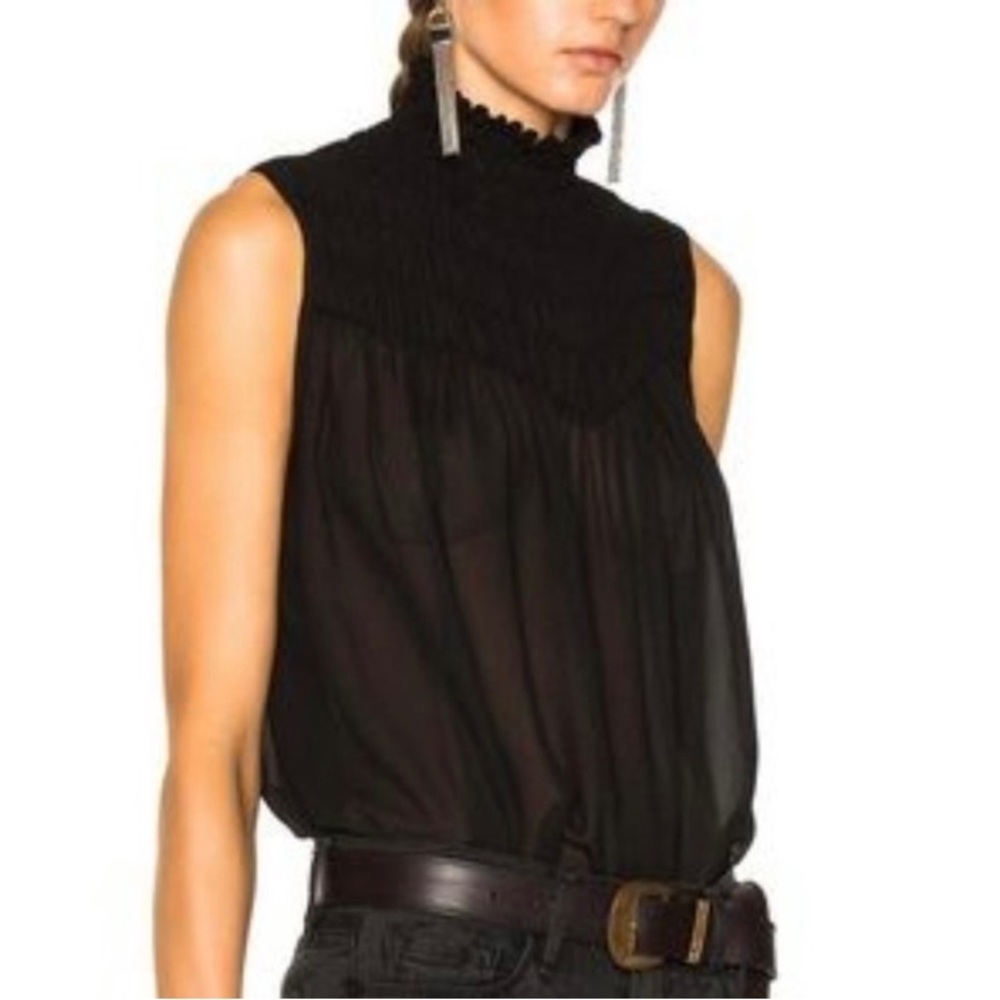 Frame Smocked Sleeveless Blouse Tank Sheer Chiffon High Neck S Black EUC